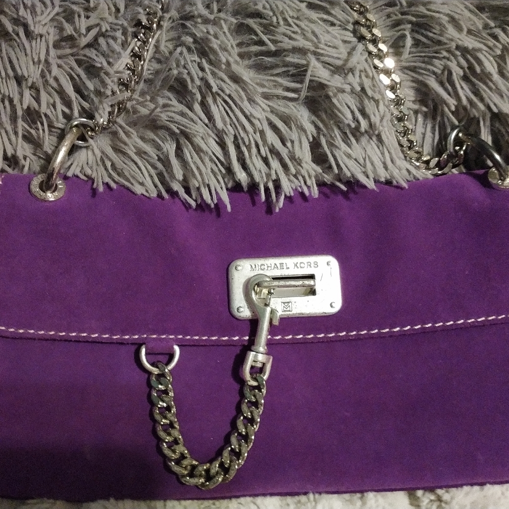 Michael Kors vintage purple suede chain lock clutch with silver hardware